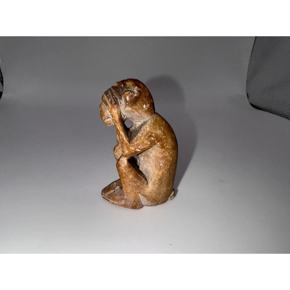 Vintage Hand Carved Soap Stone Brown Monkey See No Evil Figurine Trinket Shelf